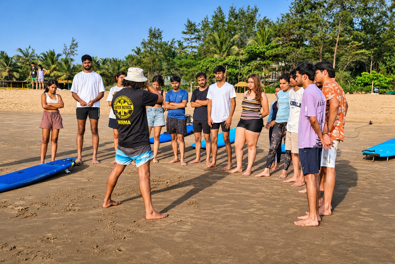 Beach safety briefing before a surf lesson
